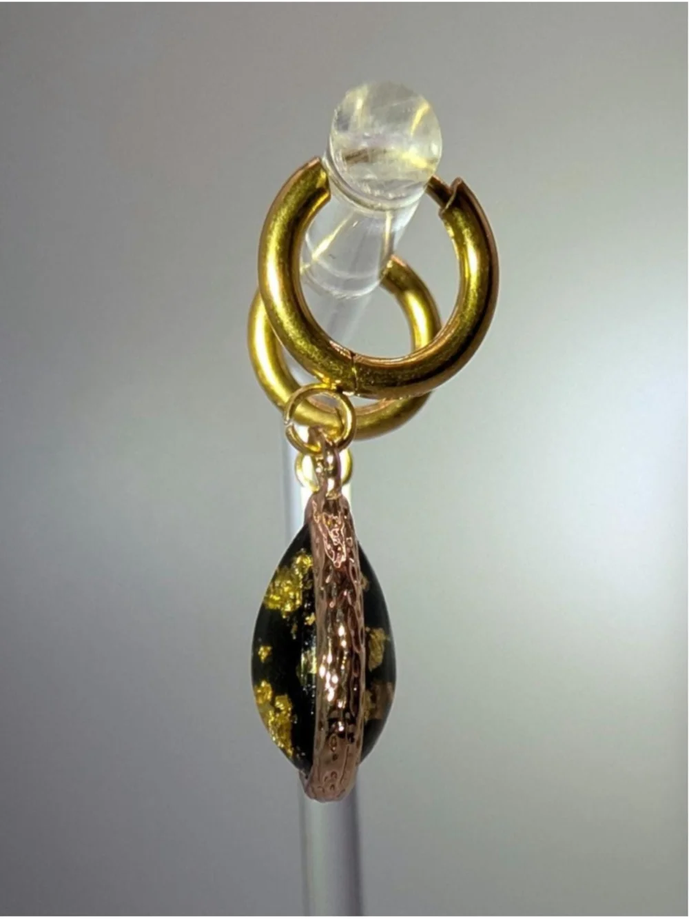 Black & Gold Tone Flake Resin Teardrop Huggie Earrings Gold Stainless Steel Hoop
